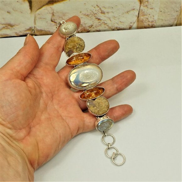 Rare Multi Stone 925 Silver Link Toggle Bracelet With Amber Ammonite Druzy MOP - Picture 11 of 16